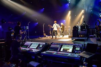 Ziggo Dome show monitor position during rehearsals. Ger Arts is at the main console (left) with the guest monitors console on the right.